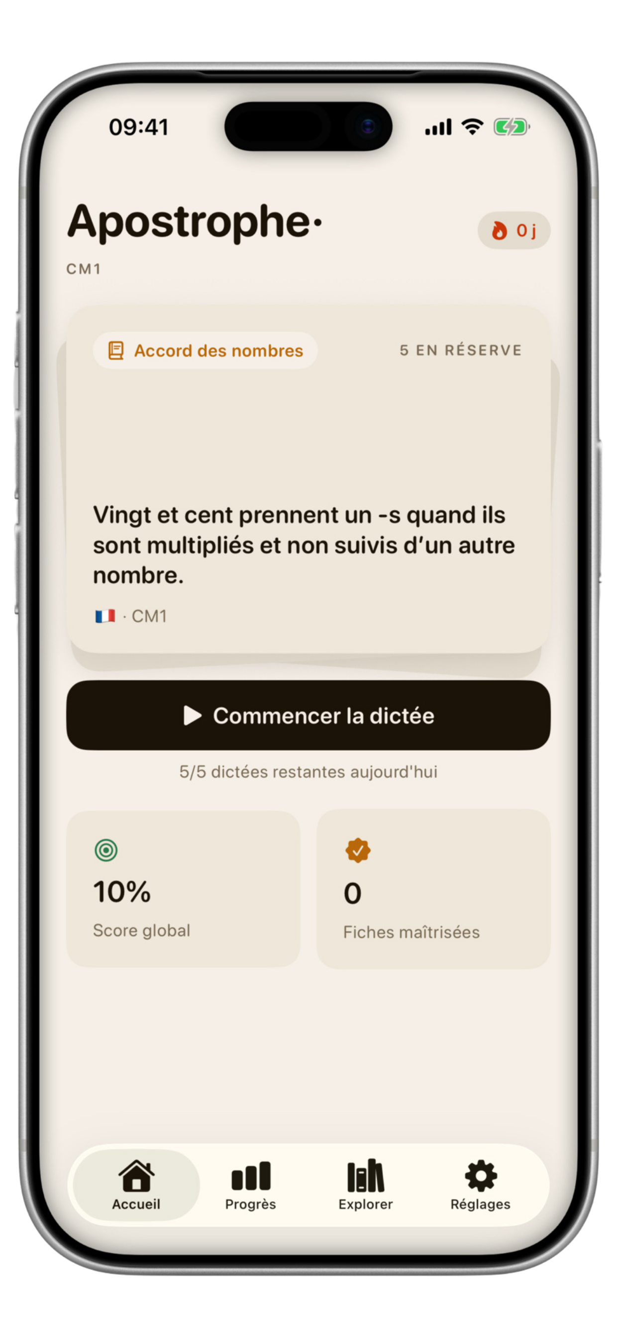 Interfaz de Apostrophe mostrando un ejercicio de dictado en francés con corrección IA al instante